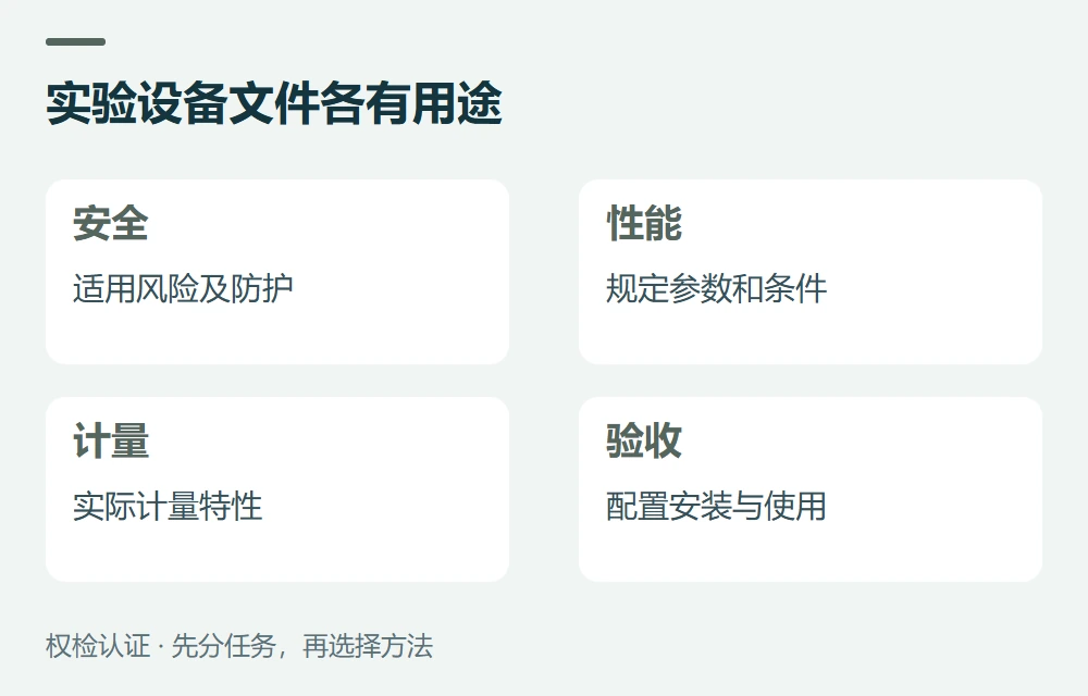 实验设备文件各有用途:安全,适用风险及防护;性能,规定参数和条件;计量,实际计量特性;验收,配置安装与使用