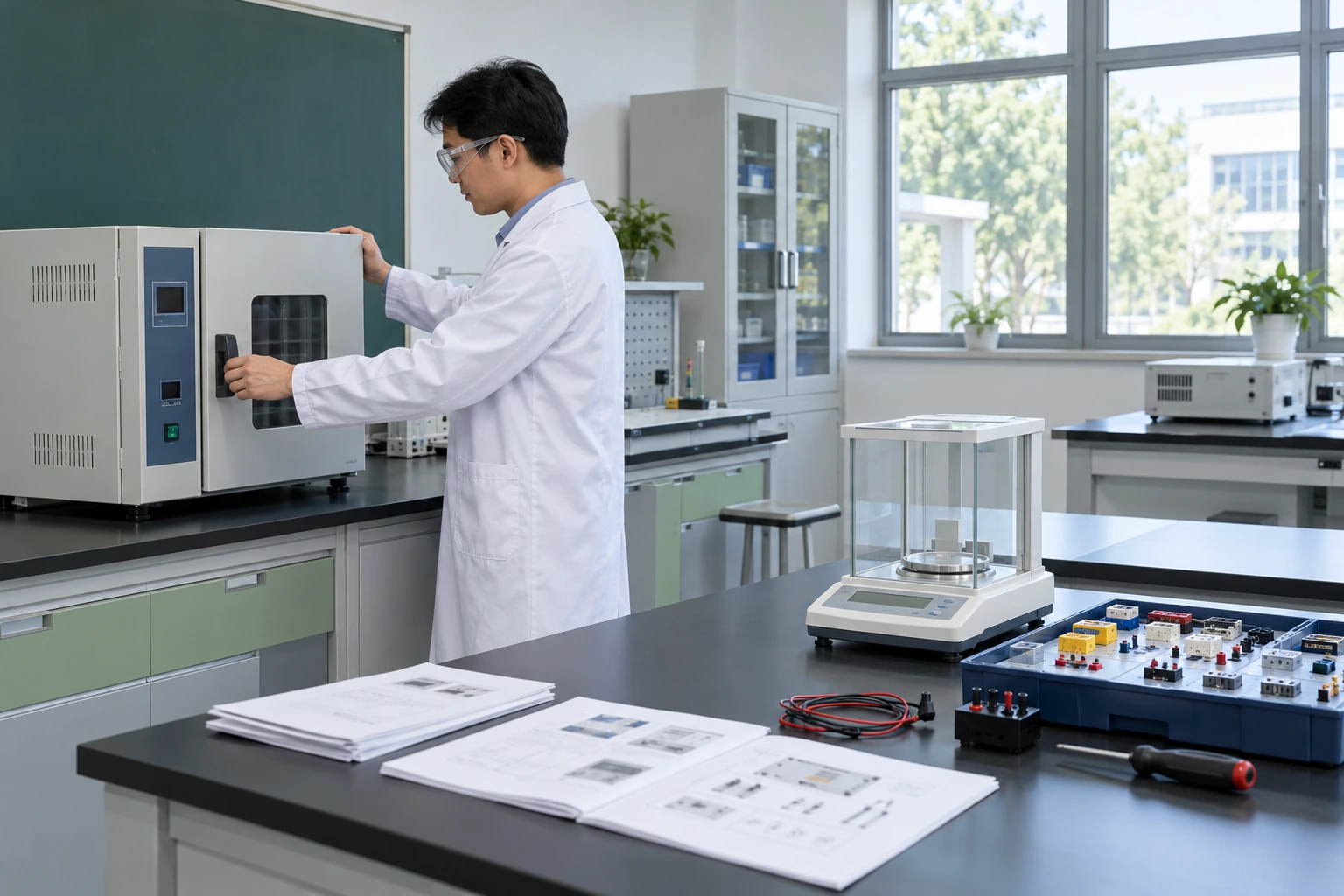 教学实验室内核对设备、电源和实验套件的AI场景示意