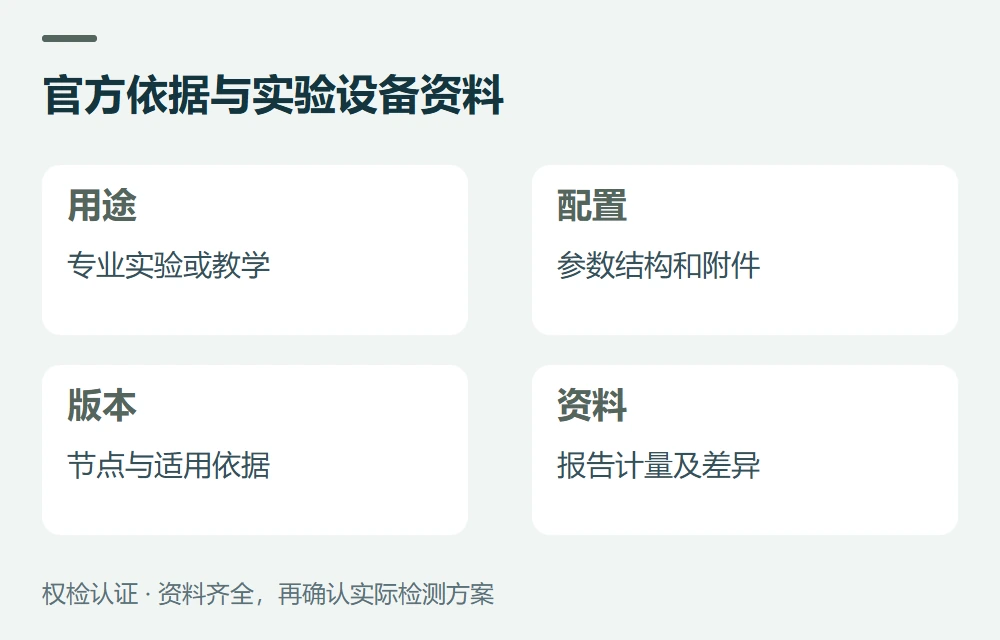 官方依据与实验设备资料:用途,专业实验或教学;配置,参数结构和附件;版本,节点与适用依据;资料,报告计量及差异