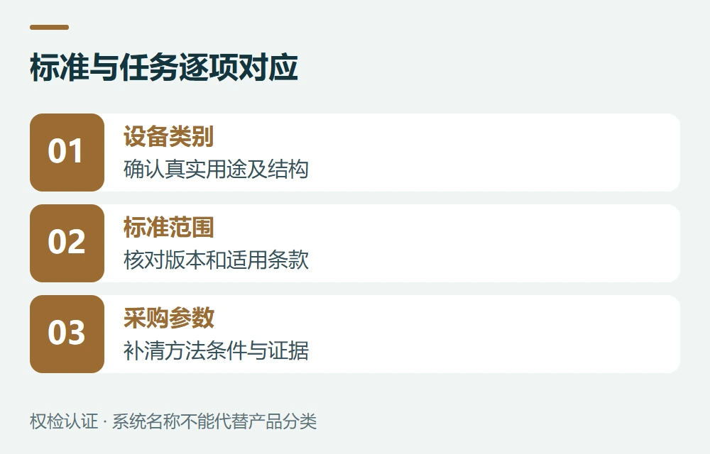 标准与任务逐项对应:设备类别,确认真实用途及结构;标准范围,核对版本和适用条款;采购参数,补清方法条件与证据