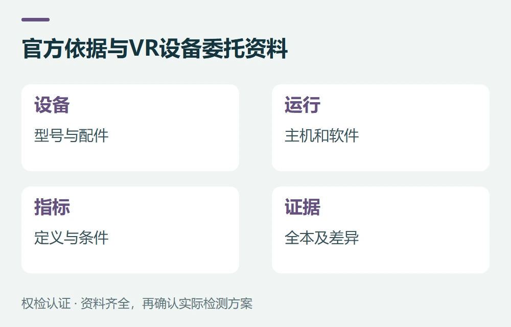 官方依据与VR设备委托资料:设备,型号与配件;运行,主机和软件;指标,定义与条件;证据,全本及差异