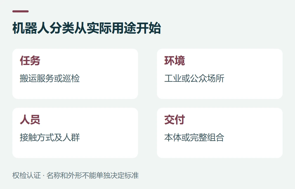 机器人分类从实际用途开始:任务,搬运服务或巡检;环境,工业或公众场所;人员,接触方式及人群;交付,本体或完整组合