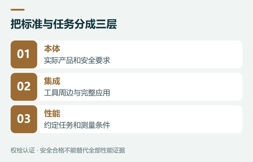 把标准与任务分成三层:本体,实际产品和安全要求;集成,工具周边与完整应用;性能,约定任务和测量条件