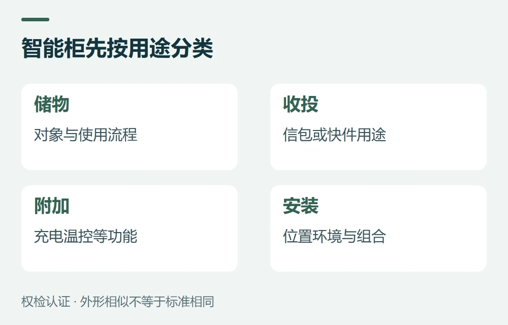 智能柜先按用途分类:储物,对象与使用流程;收投,信包或快件用途;附加,充电温控等功能;安装,位置环境与组合