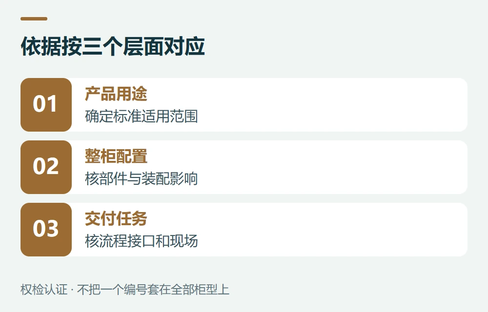 依据按三个层面对应:产品用途,确定标准适用范围;整柜配置,核部件与装配影响;交付任务,核流程接口和现场