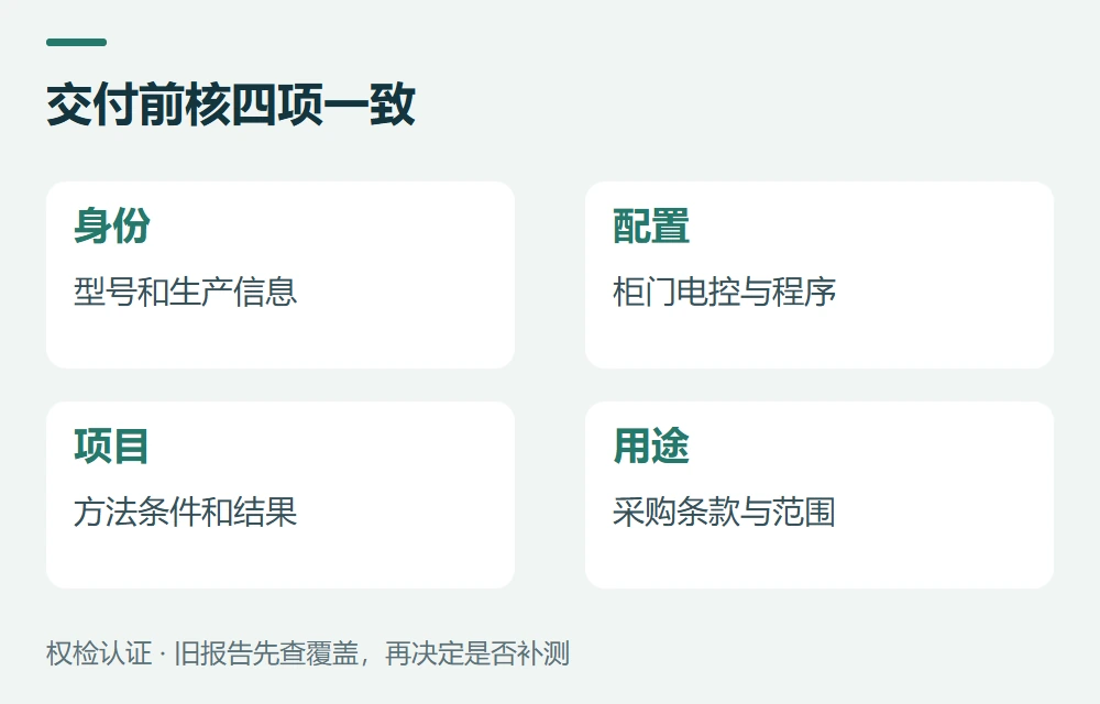 交付前核四项一致:身份,型号和生产信息;配置,柜门电控与程序;项目,方法条件和结果;用途,采购条款与范围