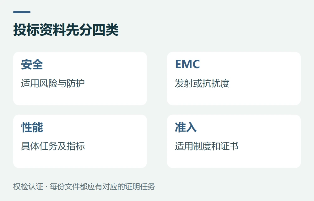 投标资料先分四类:安全,适用风险与防护;EMC,发射或抗扰度;性能,具体任务及指标;准入,适用制度和证书