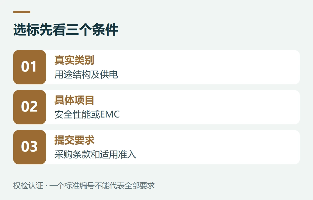选标先看三个条件:真实类别,用途结构及供电;具体项目,安全性能或EMC;提交要求,采购条款和适用准入