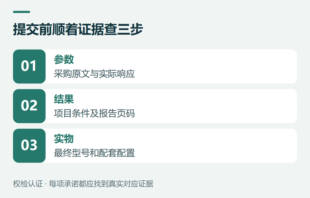 提交前顺着证据查三步:参数,采购原文与实际响应;结果,项目条件及报告页码;实物,最终型号和配套配置