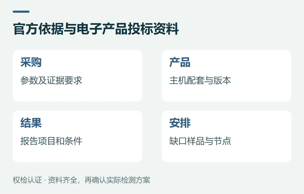 官方依据与电子产品投标资料:采购,参数及证据要求;产品,主机配套与版本;结果,报告项目和条件;安排,缺口样品与节点