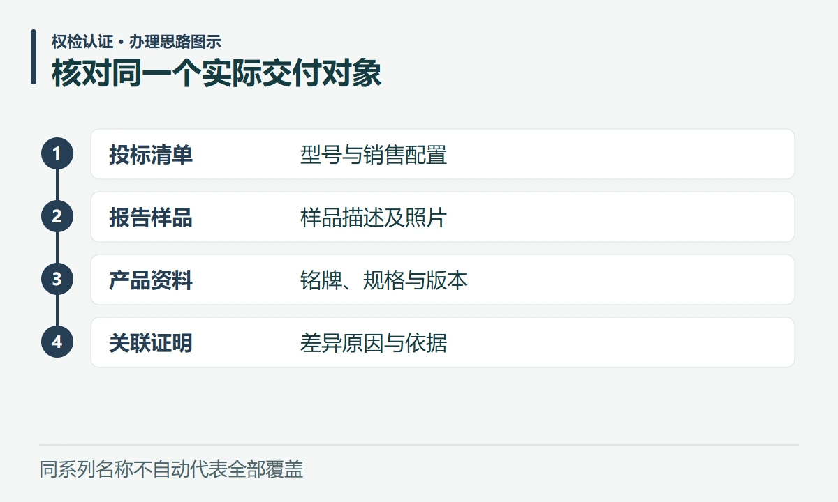 核对同一个实际交付对象:投标清单,型号与销售配置;报告样品,样品描述及照片;产品资料,铭牌、规格与版本;关联证明,差异原因与依据