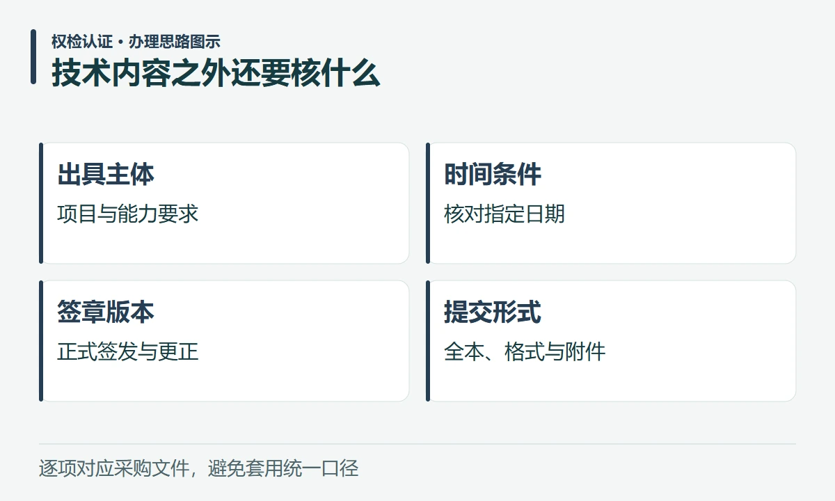 技术内容之外还要核什么:出具主体,项目与能力要求;时间条件,核对指定日期;签章版本,正式签发与更正;提交形式,全本、格式与附件