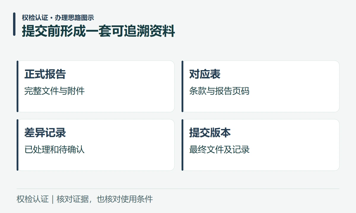 提交前形成一套可追溯资料:正式报告,完整文件与附件;对应表,条款与报告页码;差异记录,已处理和待确认;提交版本,最终文件及记录