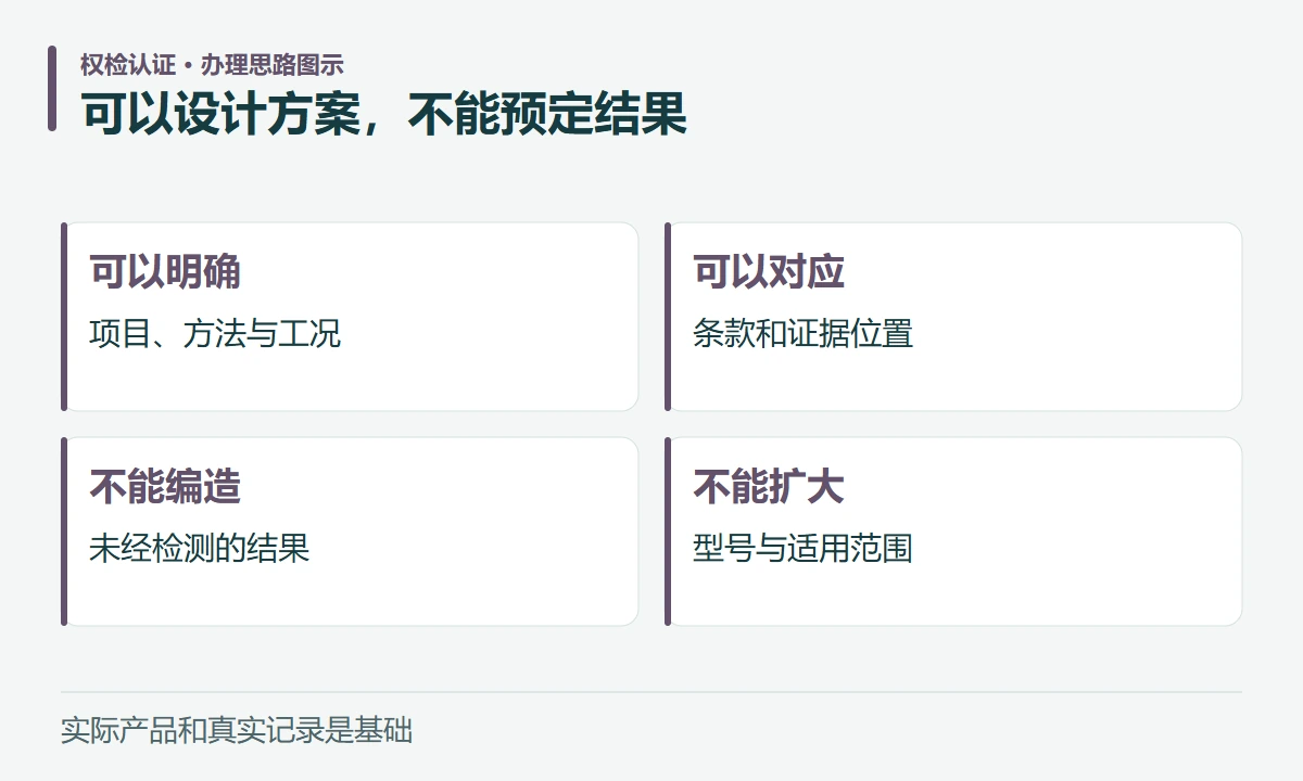 可以设计方案,不能预定结果:可以明确,项目、方法与工况;可以对应,条款和证据位置;不能编造,未经检测的结果;不能扩大,型号与适用范围