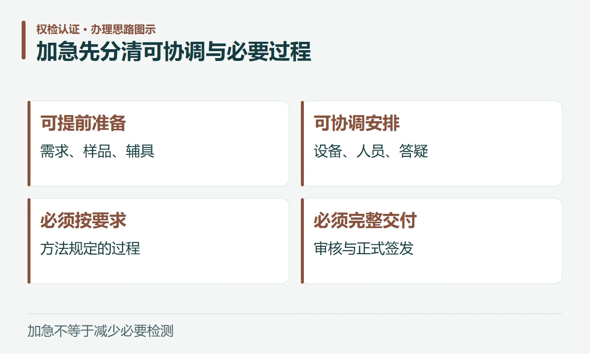 加急先分清可协调与必要过程:可提前准备,需求、样品、辅具;可协调安排,设备、人员、答疑;必须按要求,方法规定的过程;必须完整交付,审核与正式签发
