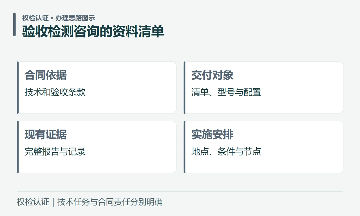 验收检测咨询的资料清单:合同依据,技术和验收条款;交付对象,清单、型号与配置;现有证据,完整报告与记录;实施安排,地点、条件与节点