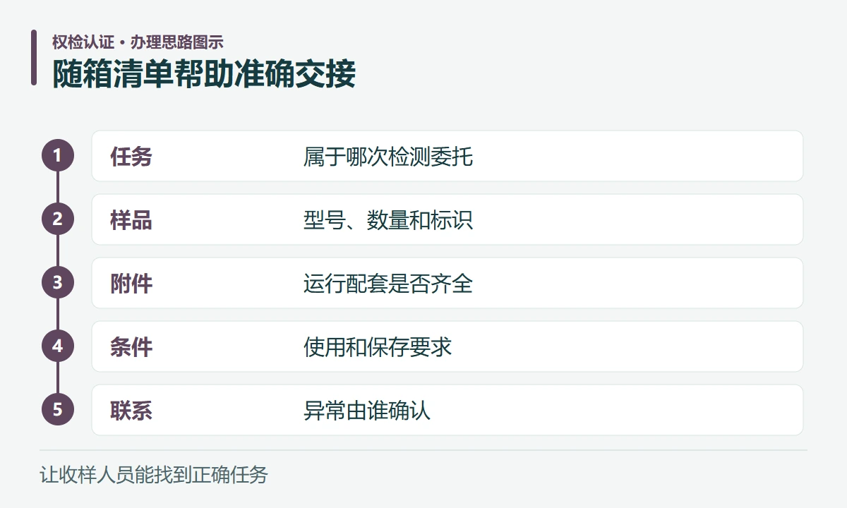 随箱清单帮助准确交接:任务,属于哪次检测委托;样品,型号、数量和标识;附件,运行配套是否齐全;条件,使用和保存要求;联系,异常由谁确认