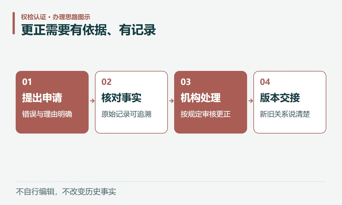 更正需要有依据、有记录:提出申请,错误与理由明确;核对事实,原始记录可追溯;机构处理,按规定审核更正;版本交接,新旧关系说清楚