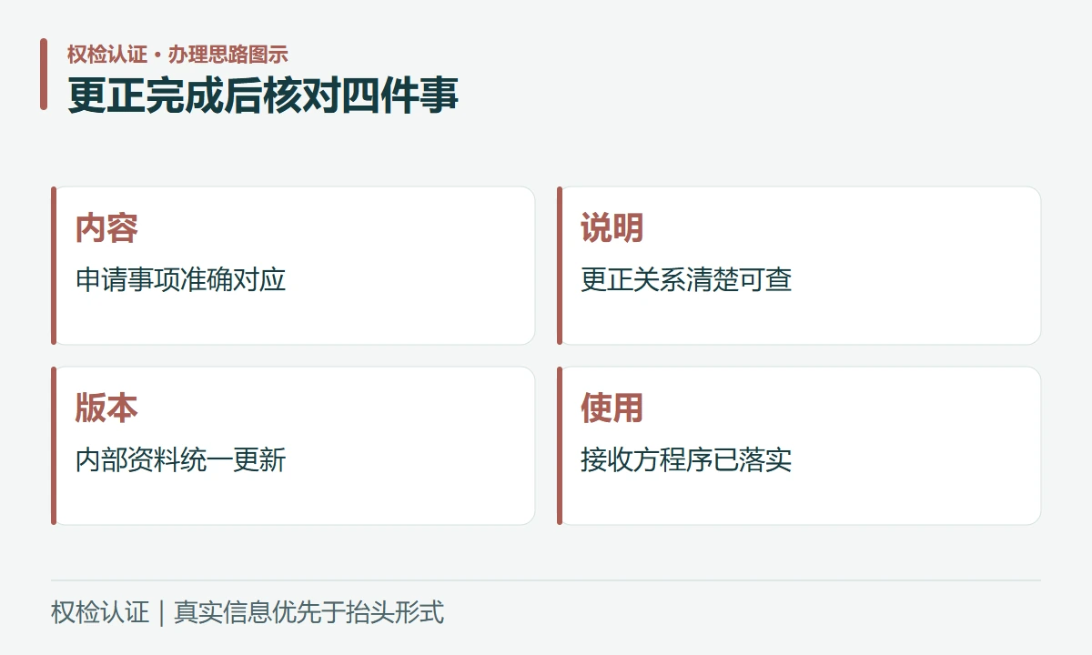 更正完成后核对四件事:内容,申请事项准确对应;说明,更正关系清楚可查;版本,内部资料统一更新;使用,接收方程序已落实
