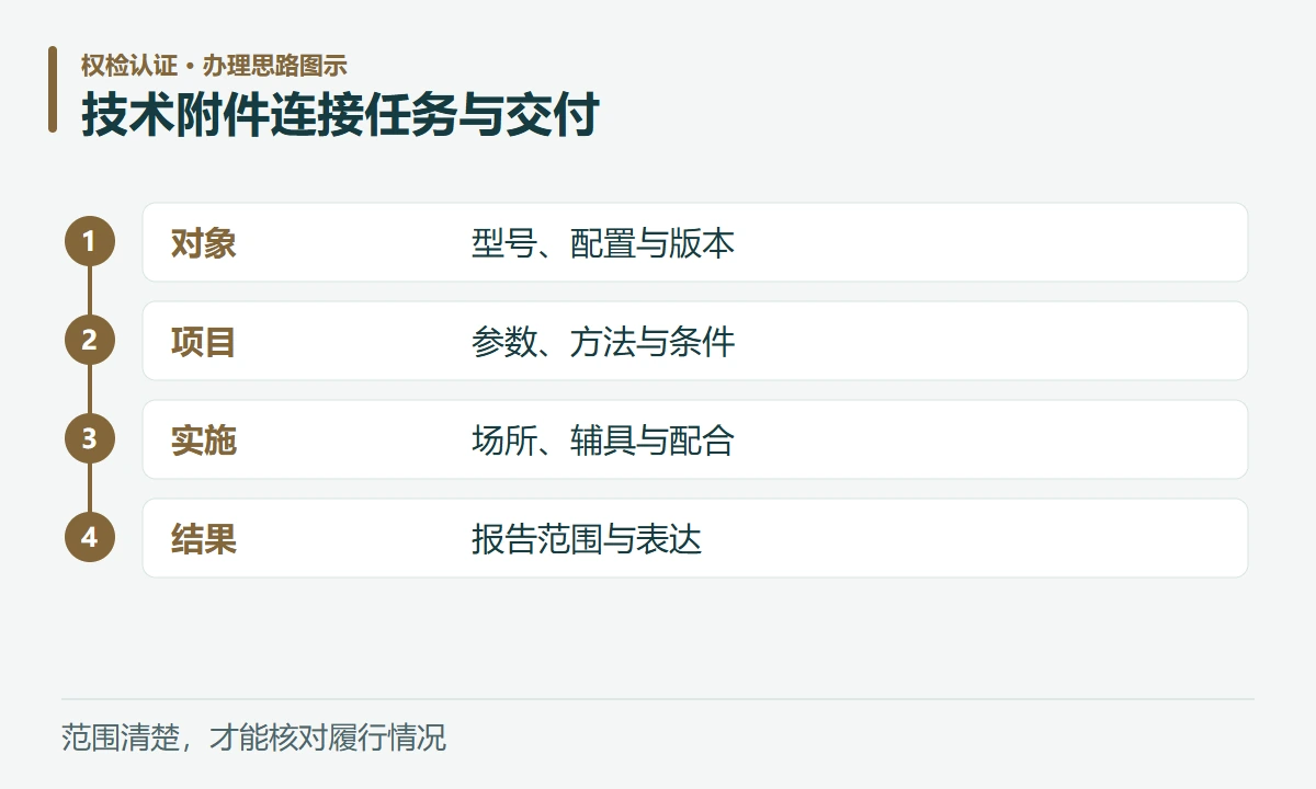技术附件连接任务与交付:对象,型号、配置与版本;项目,参数、方法与条件;实施,场所、辅具与配合;结果,报告范围与表达