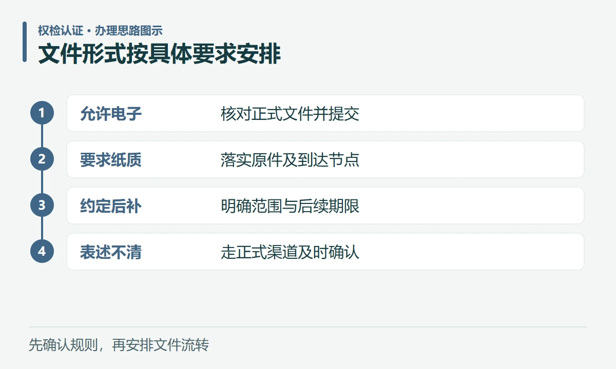 文件形式按具体要求安排:允许电子,核对正式文件并提交;要求纸质,落实原件及到达节点;约定后补,明确范围与后续期限;表述不清,走正式渠道及时确认