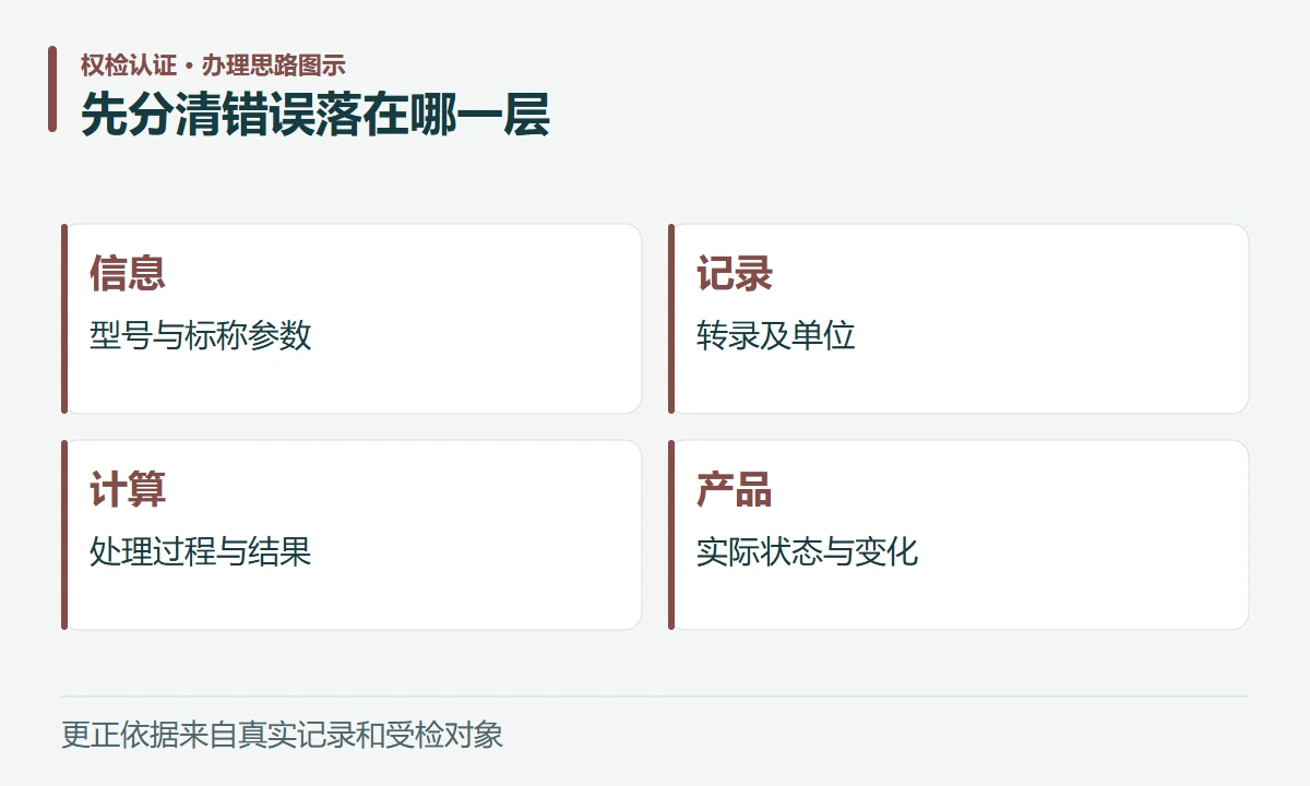 先分清错误落在哪一层:信息,型号与标称参数;记录,转录及单位;计算,处理过程与结果;产品,实际状态与变化