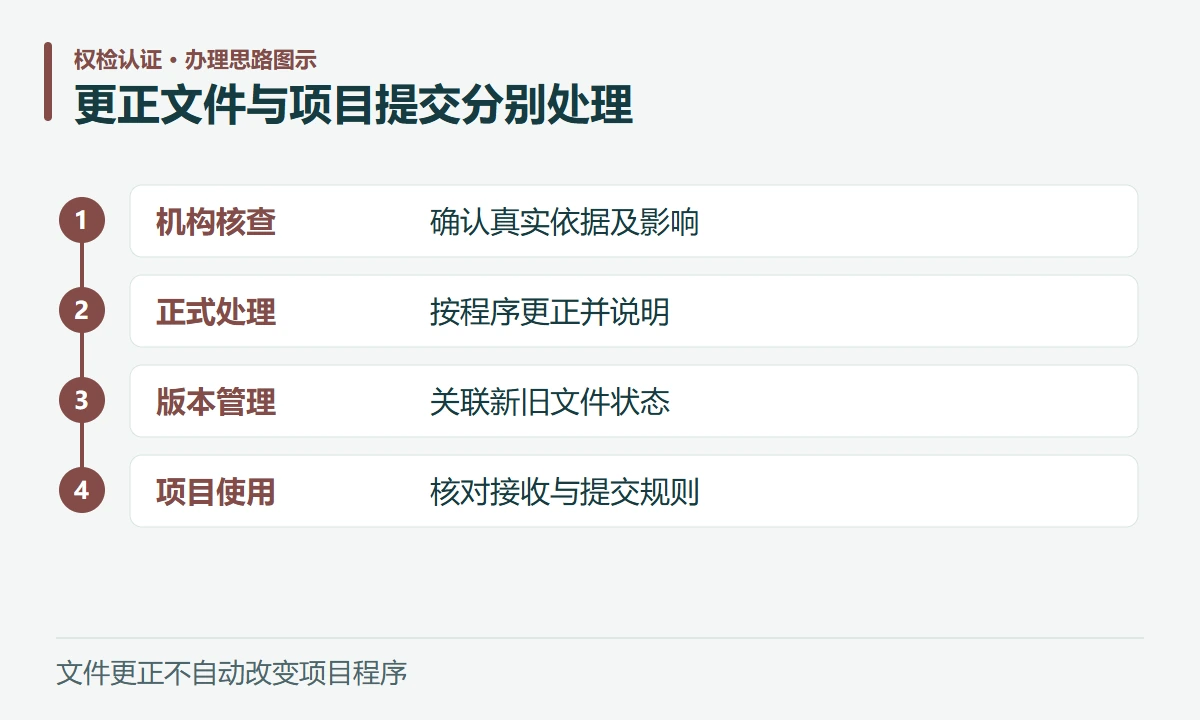更正文件与项目提交分别处理:机构核查,确认真实依据及影响;正式处理,按程序更正并说明;版本管理,关联新旧文件状态;项目使用,核对接收与提交规则