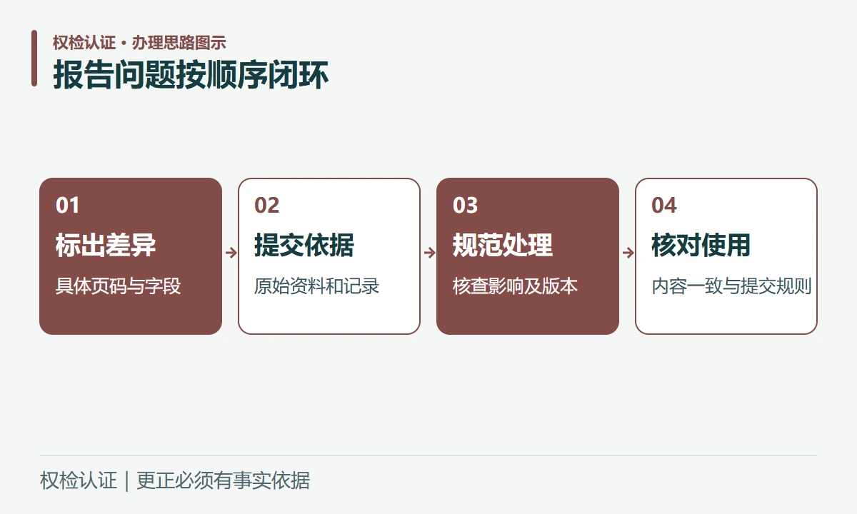 报告问题按顺序闭环:标出差异,具体页码与字段;提交依据,原始资料和记录;规范处理,核查影响及版本;核对使用,内容一致与提交规则