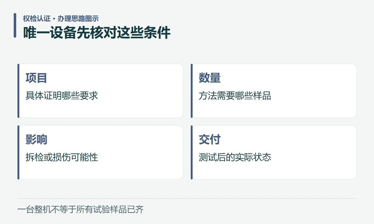 唯一设备先核对这些条件:项目,具体证明哪些要求;数量,方法需要哪些样品;影响,拆检或损伤可能性;交付,测试后的实际状态
