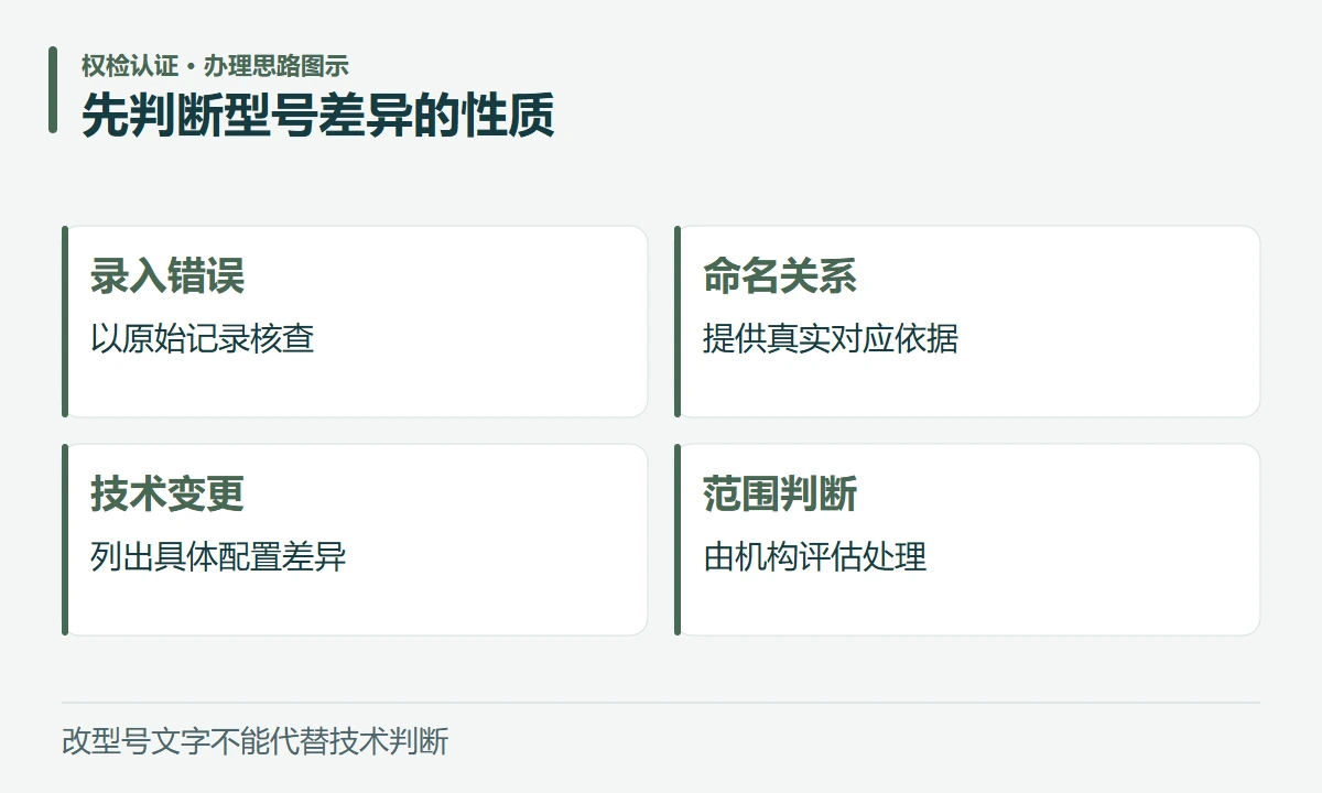 先判断型号差异的性质:录入错误,以原始记录核查;命名关系,提供真实对应依据;技术变更,列出具体配置差异;范围判断,由机构评估处理