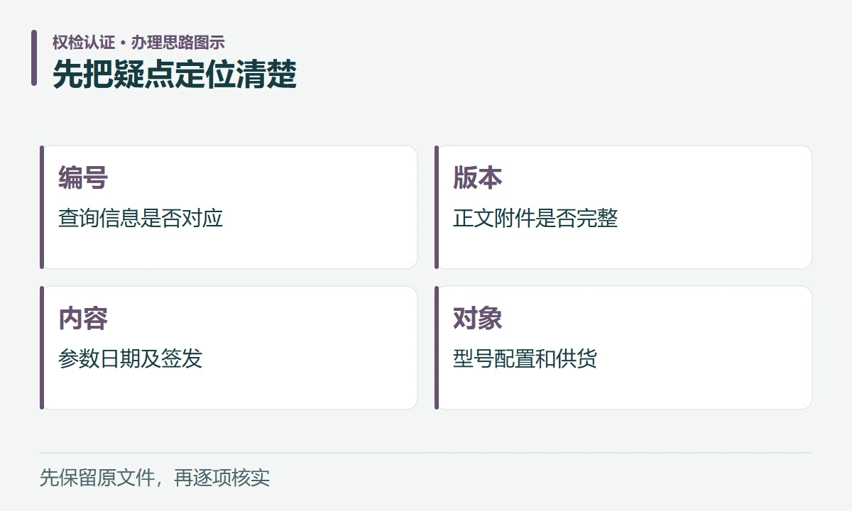 先把疑点定位清楚:编号,查询信息是否对应;版本,正文附件是否完整;内容,参数日期及签发;对象,型号配置和供货