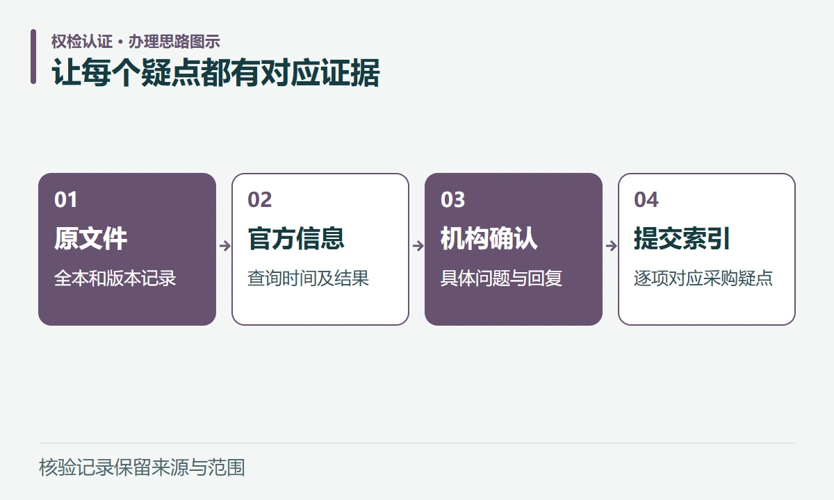 让每个疑点都有对应证据:原文件,全本和版本记录;官方信息,查询时间及结果;机构确认,具体问题与回复;提交索引,逐项对应采购疑点