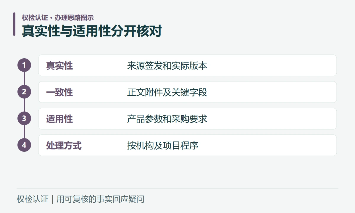 真实性与适用性分开核对:真实性,来源签发和实际版本;一致性,正文附件及关键字段;适用性,产品参数和采购要求;处理方式,按机构及项目程序