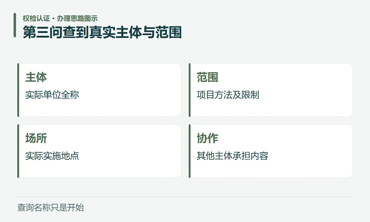 第三问查到真实主体与范围:主体,实际单位全称;范围,项目方法及限制;场所,实际实施地点;协作,其他主体承担内容