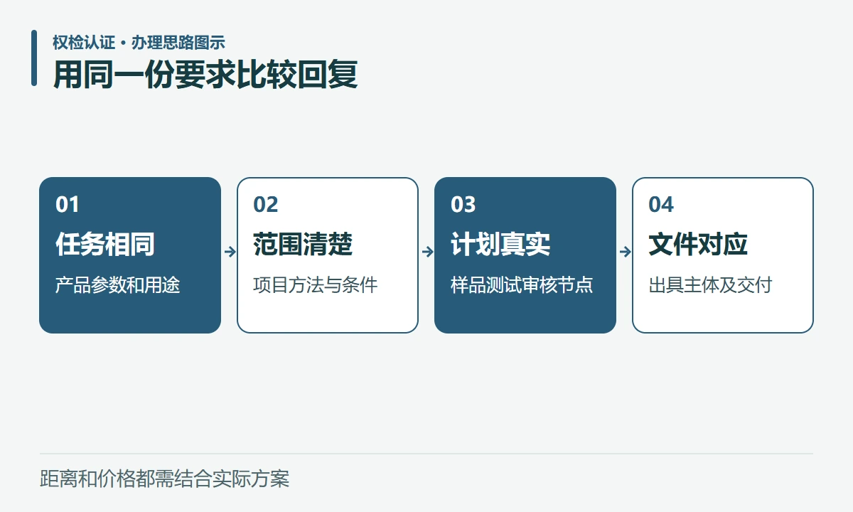 用同一份要求比较回复:任务相同,产品参数和用途;范围清楚,项目方法与条件;计划真实,样品测试审核节点;文件对应,出具主体及交付