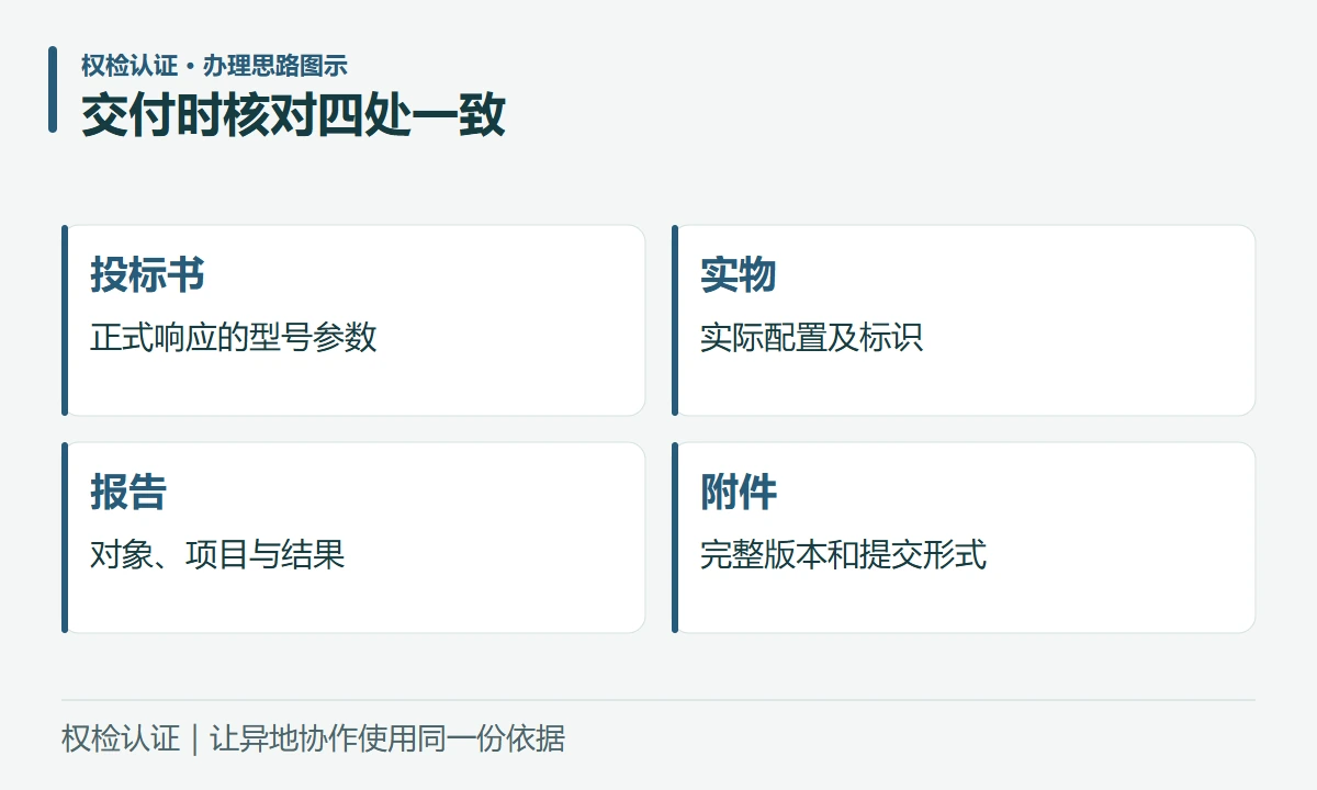 交付时核对四处一致:投标书,正式响应的型号参数;实物,实际配置及标识;报告,对象、项目与结果;附件,完整版本和提交形式