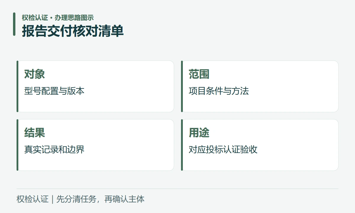 报告交付核对清单:对象,型号配置与版本;范围,项目条件与方法;结果,真实记录和边界;用途,对应投标认证验收