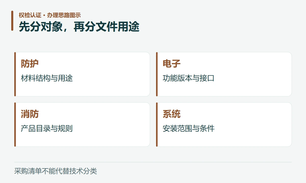 先分对象,再分文件用途:防护,材料结构与用途;电子,功能版本与接口;消防,产品目录与规则;系统,安装范围与条件