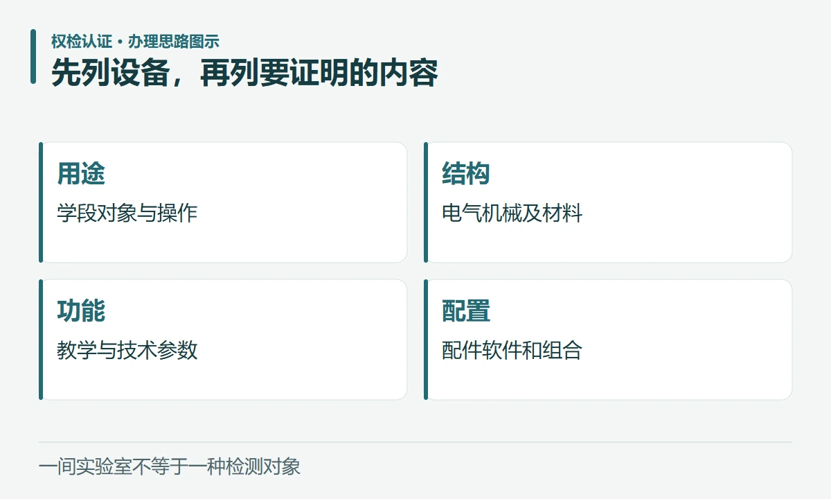 先列设备,再列要证明的内容:用途,学段对象与操作;结构,电气机械及材料;功能,教学与技术参数;配置,配件软件和组合