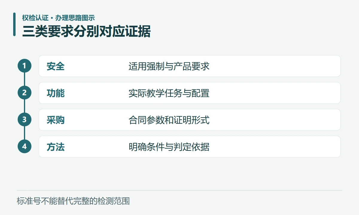 三类要求分别对应证据:安全,适用强制与产品要求;功能,实际教学任务与配置;采购,合同参数和证明形式;方法,明确条件与判定依据
