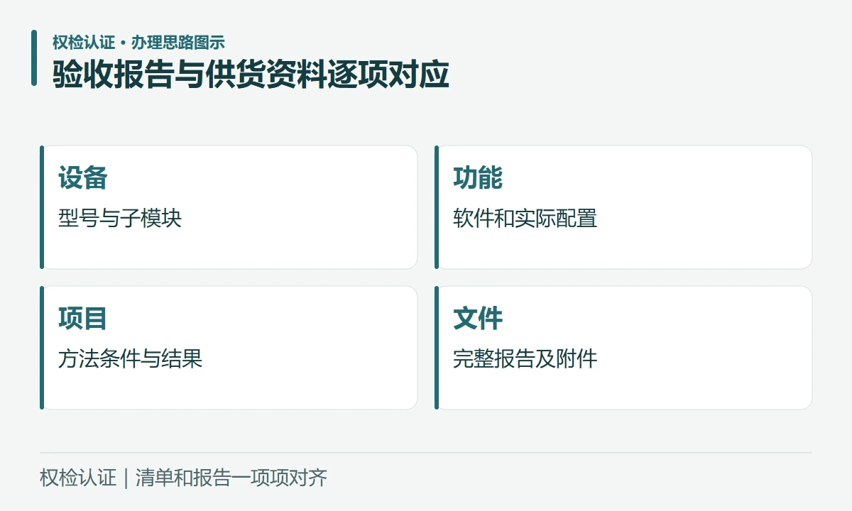 验收报告与供货资料逐项对应:设备,型号与子模块;功能,软件和实际配置;项目,方法条件与结果;文件,完整报告及附件