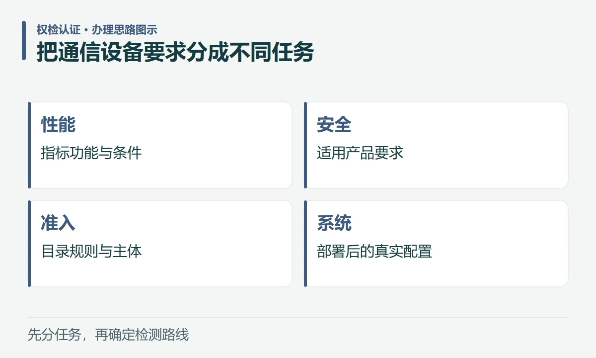 把通信设备要求分成不同任务:性能,指标功能与条件;安全,适用产品要求;准入,目录规则与主体;系统,部署后的真实配置