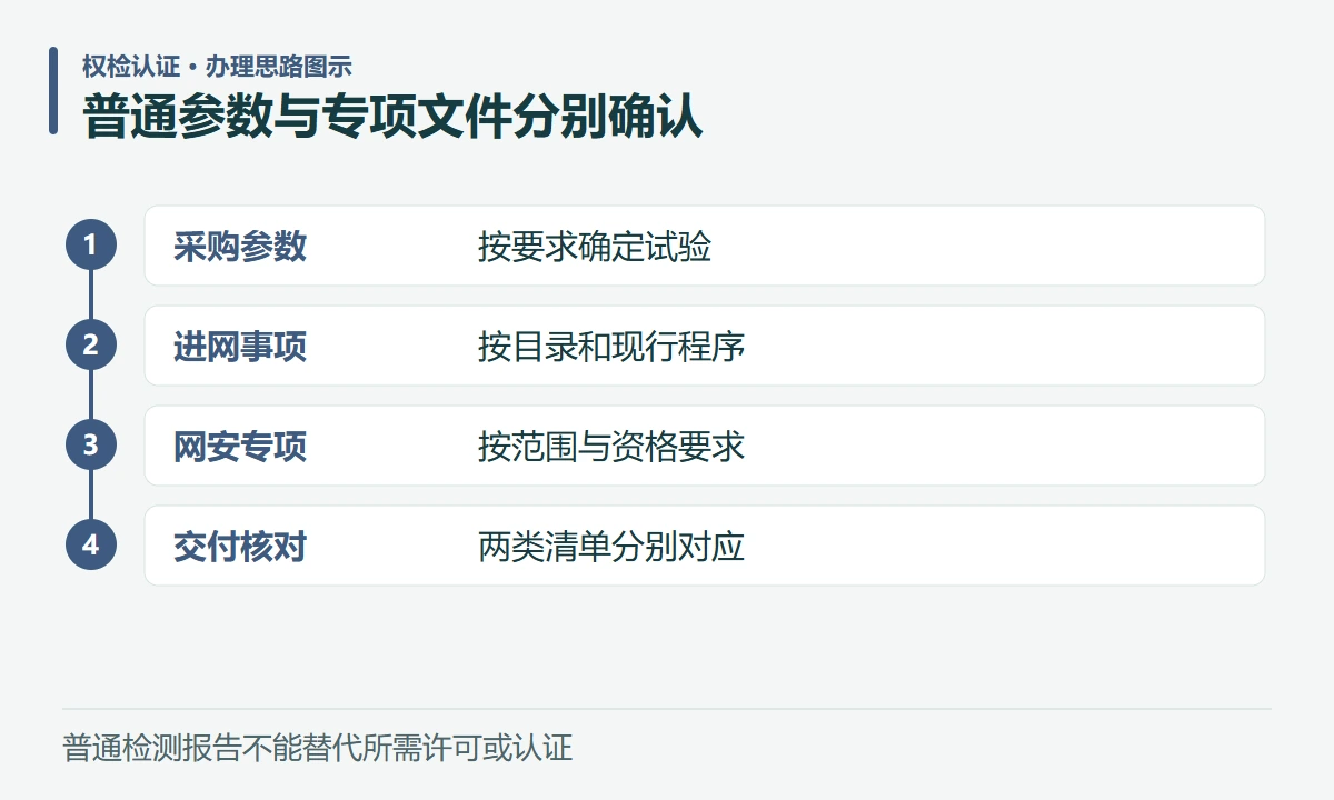 普通参数与专项文件分别确认:采购参数,按要求确定试验;进网事项,按目录和现行程序;网安专项,按范围与资格要求;交付核对,两类清单分别对应
