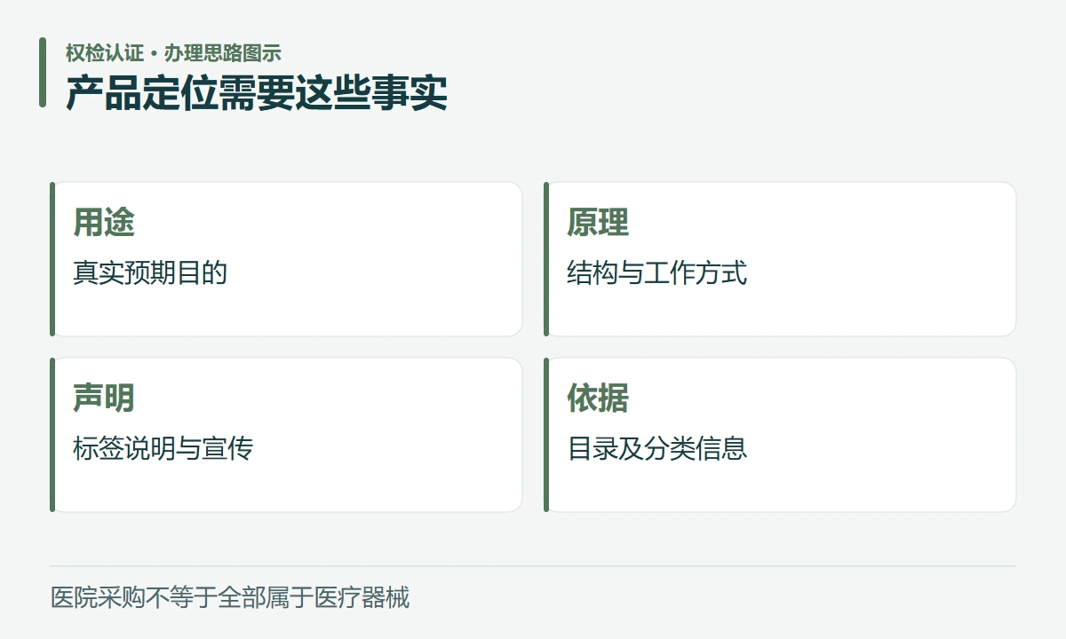 产品定位需要这些事实:用途,真实预期目的;原理,结构与工作方式;声明,标签说明与宣传;依据,目录及分类信息