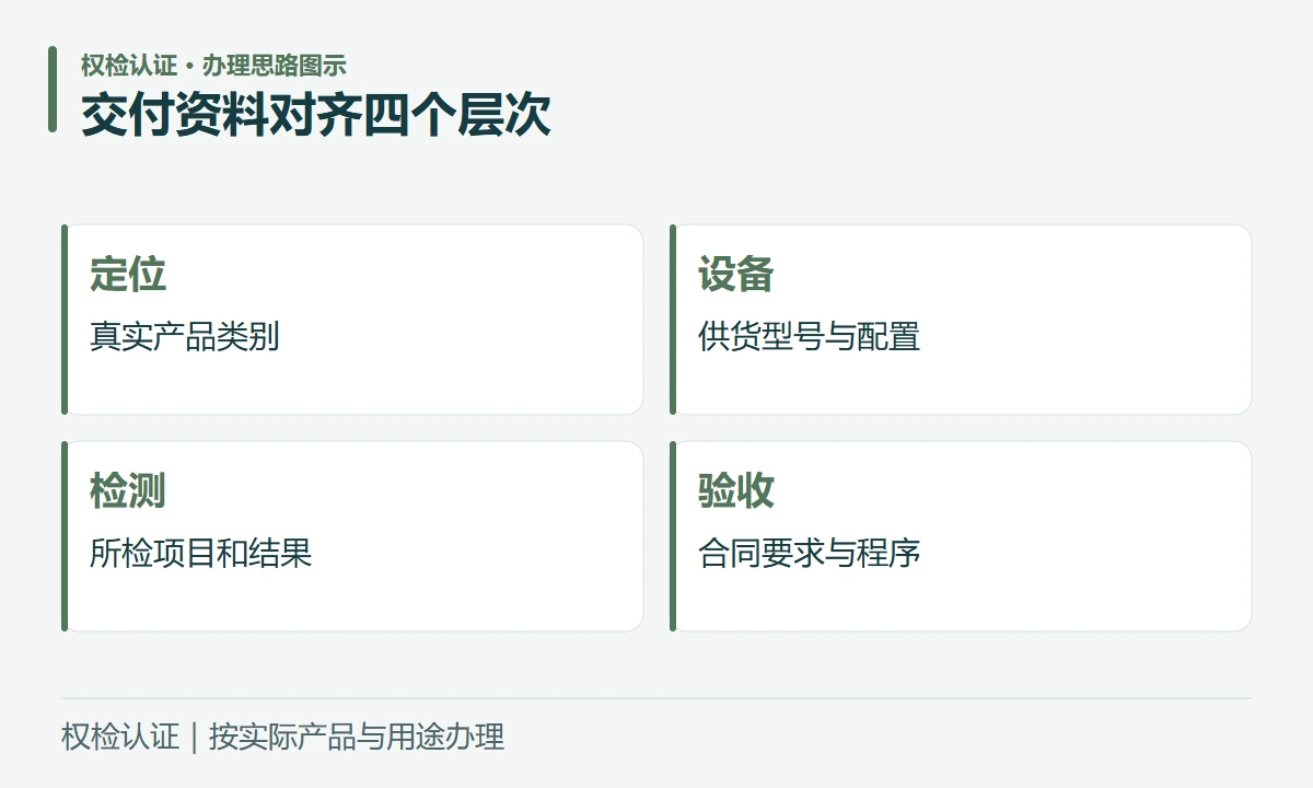 交付资料对齐四个层次:定位,真实产品类别;设备,供货型号与配置;检测,所检项目和结果;验收,合同要求与程序