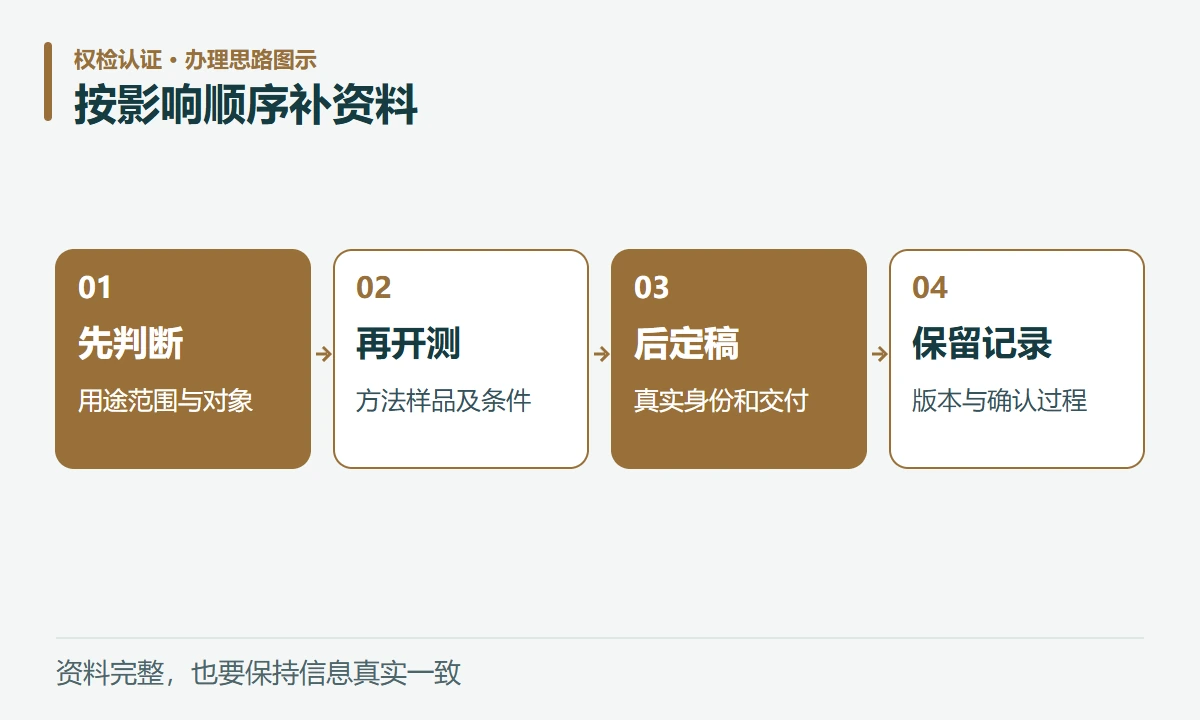 按影响顺序补资料:先判断,用途范围与对象;再开测,方法样品及条件;后定稿,真实身份和交付;保留记录,版本与确认过程