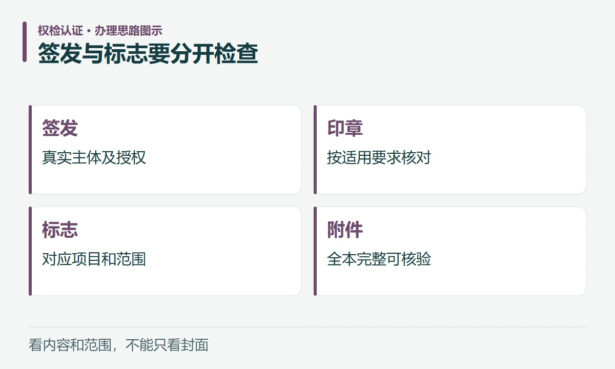 签发与标志要分开检查:签发,真实主体及授权;印章,按适用要求核对;标志,对应项目和范围;附件,全本完整可核验