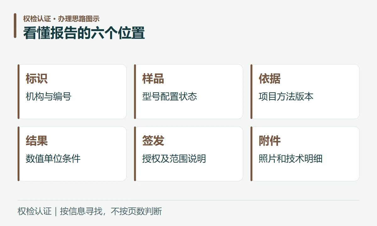 看懂报告的六个位置:标识,机构与编号;样品,型号配置状态;依据,项目方法版本;结果,数值单位条件;签发,授权及范围说明;附件,照片和技术明细