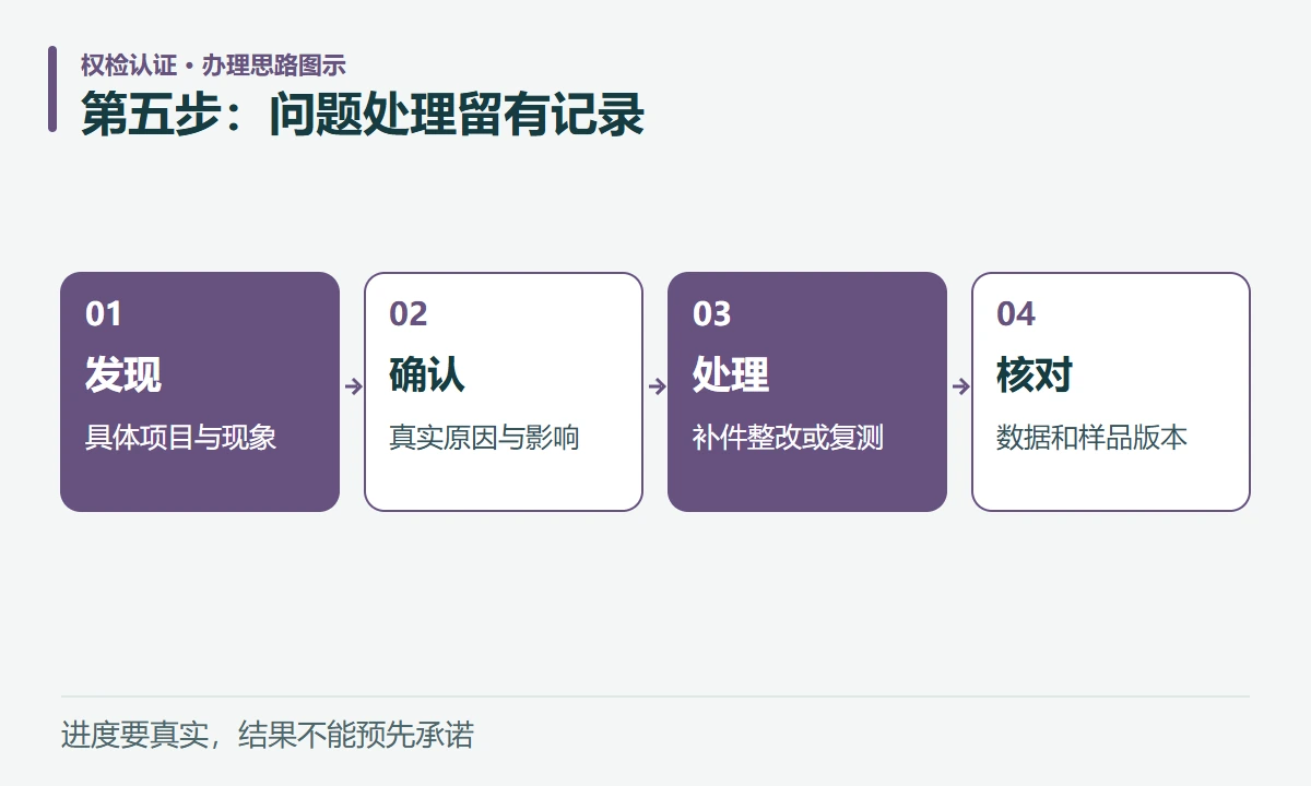 第五步:问题处理留有记录:发现,具体项目与现象;确认,真实原因与影响;处理,补件整改或复测;核对,数据和样品版本