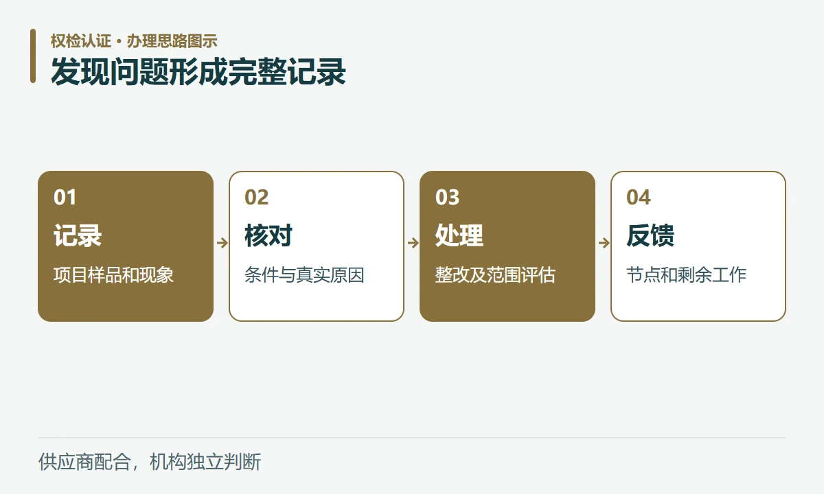 发现问题形成完整记录:记录,项目样品和现象;核对,条件与真实原因;处理,整改及范围评估;反馈,节点和剩余工作